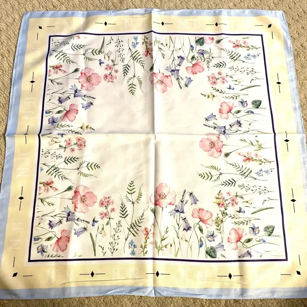 JFN Just Fashion Now silky square scarf floral motif blue yellow pink romantic